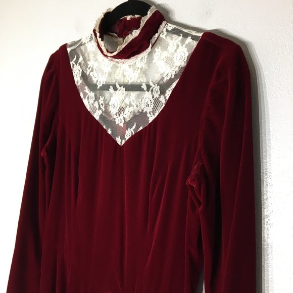 Vintage 60s 70s Victorian Velvet Maroon Maxi Dress, High Lace Neck, Steampunk - Picture 10 of 11